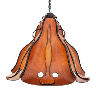 Midcentury Leather Herme`s Style Pendant Light For Sale