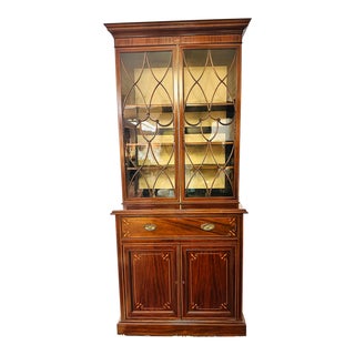 1920s Antique English Inlaid Two-Piece Tall Mahogany Secretary For Sale