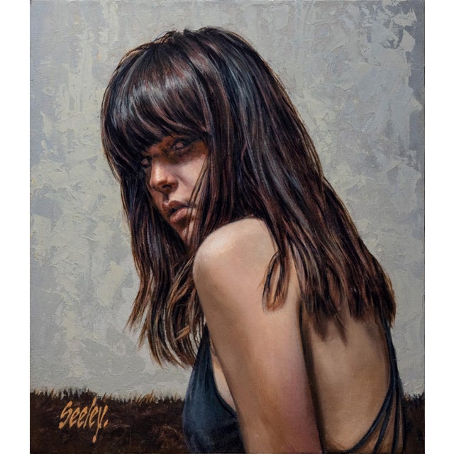 Masquerade by Dave Seeley | Oil on Canvas on Board Portrait of a woman with long hair. For Sale