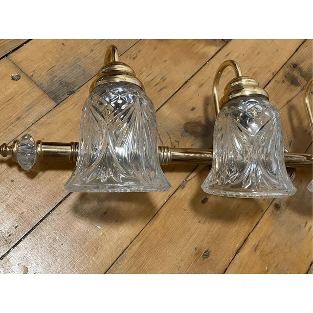 Vintage Plated Brass Vanity Light with Cut Glass Shades 33” wide 9” tall Good condition