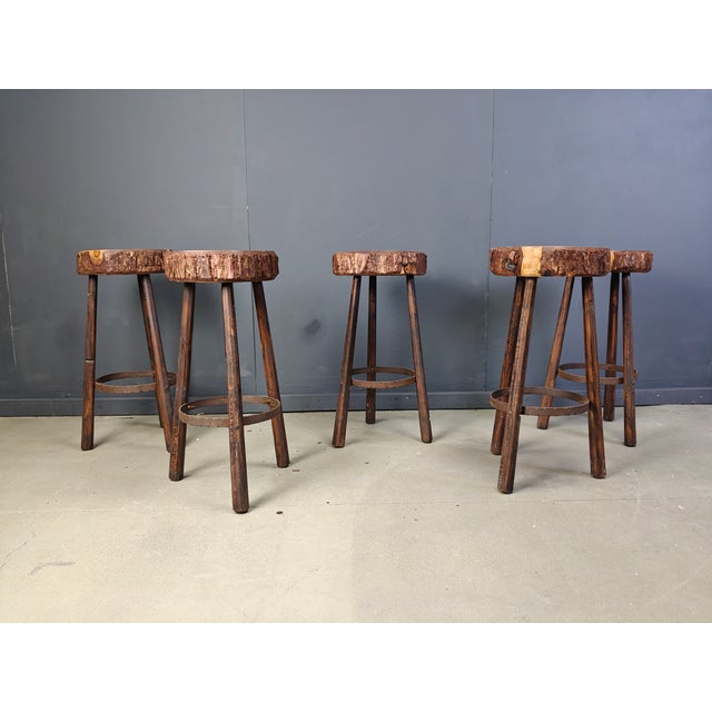 Vintage Tree Trunk Bar Stools, 1970s, Set of 5, in Good conditions. Designed 1970 to 1979