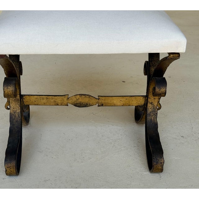 Vintage Mid Century Spanish Gilt Iron Bench With Ornate Base For Sale - Image 9 of 11