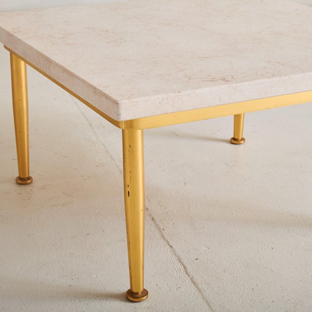 Italian Low Square Side Table with Peach Marble Top + Brass Base, 1950s For Sale - Image 4 of 6