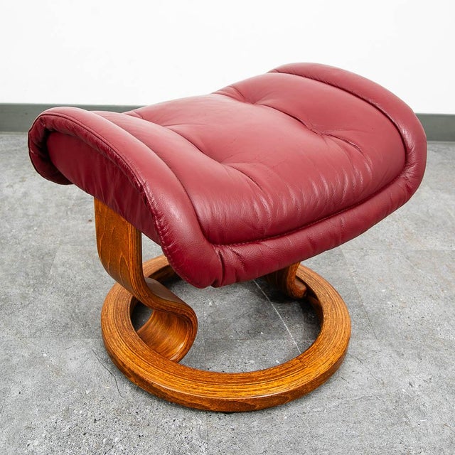 Mid Century Danish Modern Lounge Chair Leather Ekornes Red Recliner Ottoman For Sale - Image 9 of 11