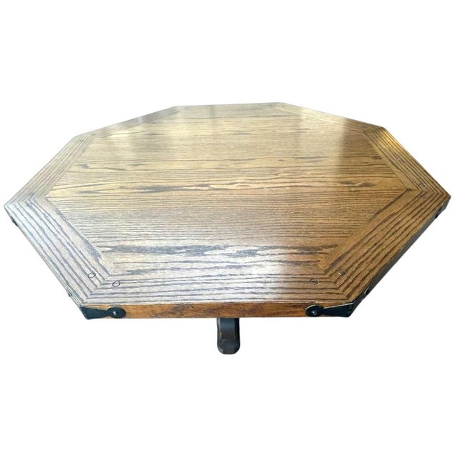 Late 20th Century Solid Oak Spanish Colonial Revival Octagonal Game Table and Four Chairs on Brass Casters - Vintage Late 20th Century For Sale - Image 5 of 6