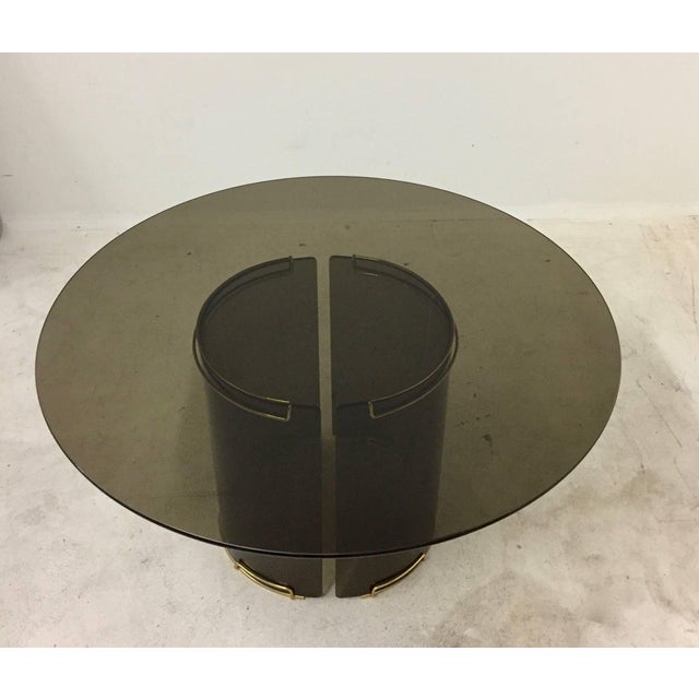 Round Grey Smoky Glass Dining Table with Curved Glass Base and Brass