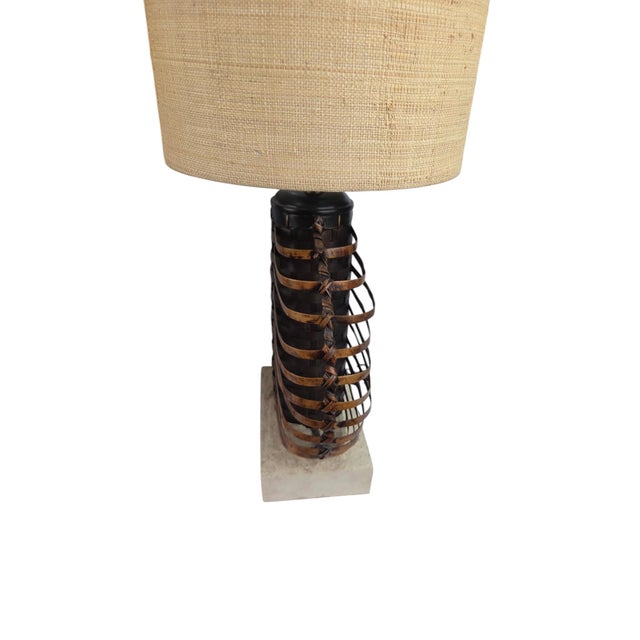2010s Palecek Woven Rattan & Bamboo Orb Table Lamps With Plaster Bases and Raffia Shades — A Pair For Sale - Image 5 of 10