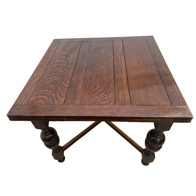 Early 20th Century English Tudor Expansion Table Turned Baluster Legs Quarter Sawn Oak, X-Stretcher For Sale In Palm Springs - Image 6 of 16