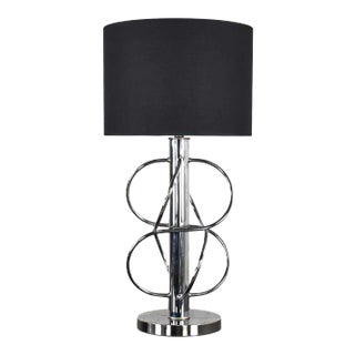 Vintage Mid-Century Modern Polished Chrome Table Lamp New Black Drum Shade For Sale