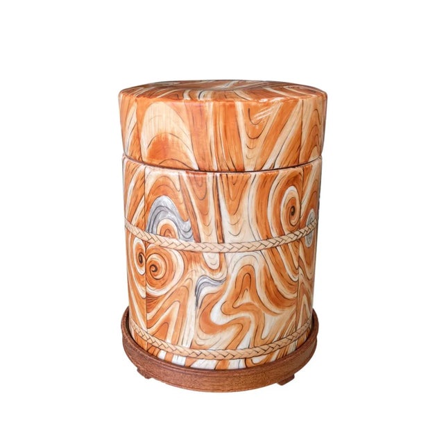 Mid 20th Century Chinese Ceramic Faux Bois Canister / Covered Jar on Wood Stand For Sale - Image 4 of 12