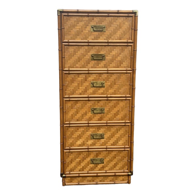 Vintage Faux Bamboo Rattan Campaign Style Lingerie Chest Dresser For Sale