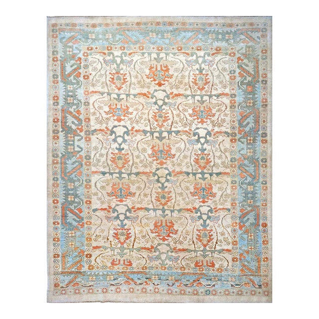 21st Century Turkish Donegal Wool 10x13 Ivory, Blue & Orange Handmade Area Rug #1140172 For Sale