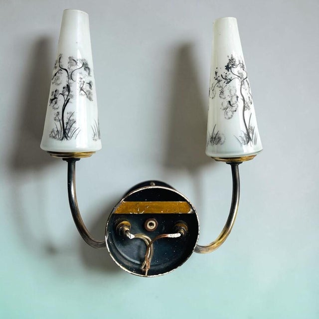 Mid-Century Portuguese Brass and Glass Double Wall Sconces, 1960s, Set of 2 For Sale - Image 9 of 10