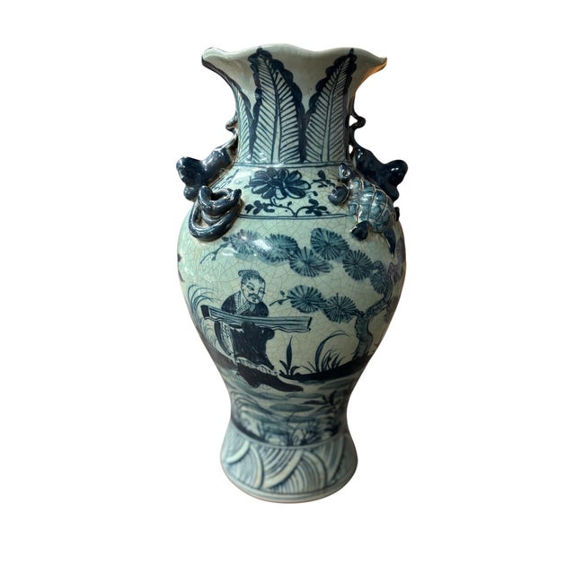 Hand-Painted Antique Chinese Blue Celadon Ceramic Vase With Figures, Turtles For Sale - Image 9 of 11