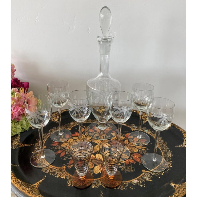 Glass Vintage Hand Cut Blown Glass Decanter & 11 Glasses Set For Sale - Image 7 of 9