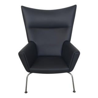 CH445 Wing Chair in Black Bizon Leather by Hans Wegner, 2000s For Sale