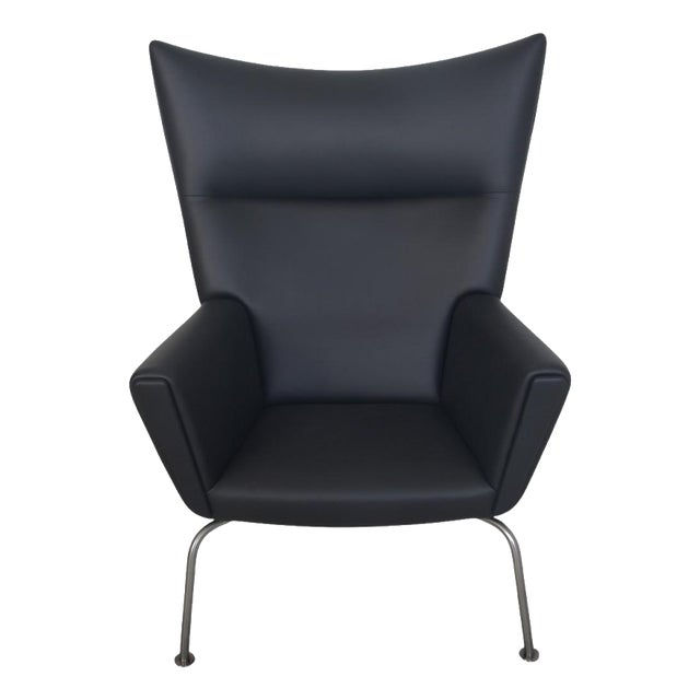 CH445 Wing Chair in Black Bizon Leather by Hans Wegner, 2000s For Sale