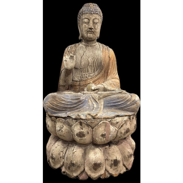 Antique Chinese Polychrome Wood Buddha on Double Lotus Base Large 42” For Sale - Image 4 of 10
