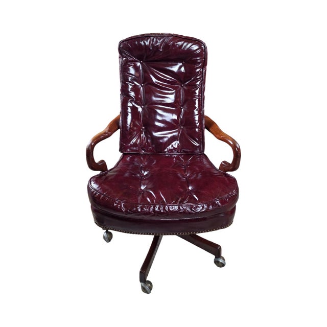 1994 Classic Leather Burgundy Top-Grain Leather Tufted Executive Swivel Chairs – Pair For Sale - Image 12 of 12