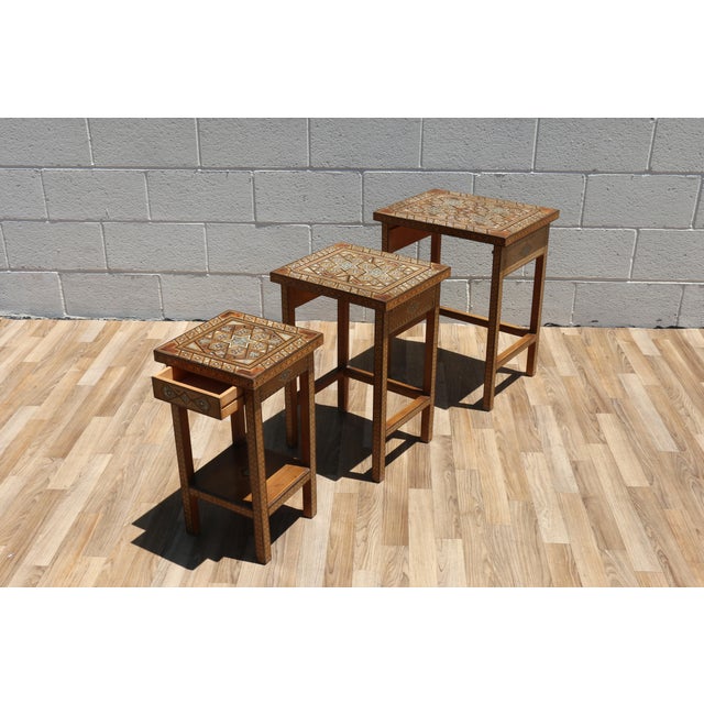Vintage Moroccan Inlaid Nesting Tables | Moorish Geometric Side Tables Set of 3 For Sale - Image 10 of 18