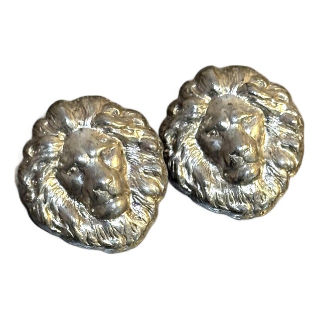 1980s Silver Metal Lion Head Earrings For Sale
