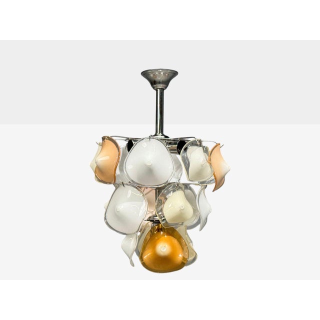 Mid-Century Modern, Orange and White Murano Glass, Chrome, Pendant Light or Chandelier, 1960s A mid-century modern Murano...