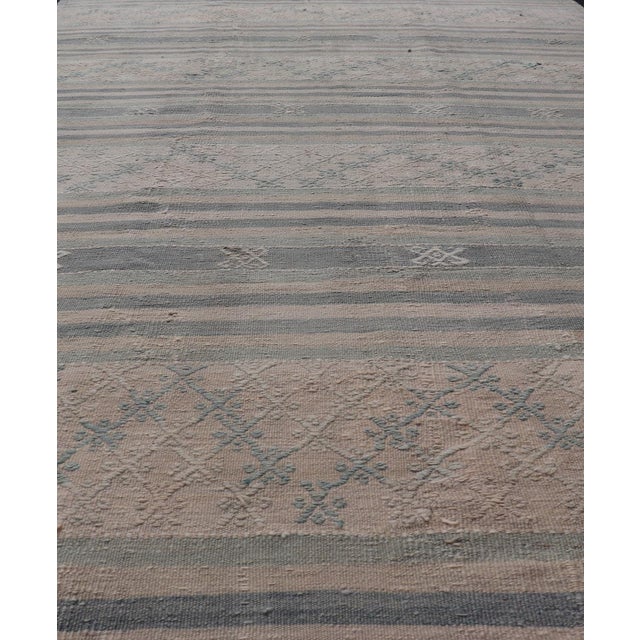 Vintage Turkish Flat-Weave Kilim With Embroideries in Blue, Brown, and Cream For Sale - Image 13 of 16