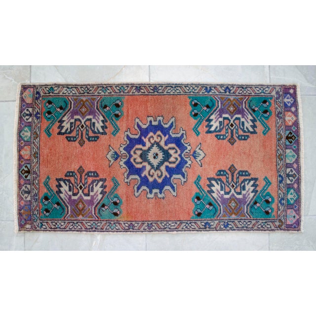 Hand Knotted Low Pile Wool Turkish Small Rug Faded Mat Entry Decor, Bath Mat - 1'8'' X 3' For Sale - Image 13 of 14