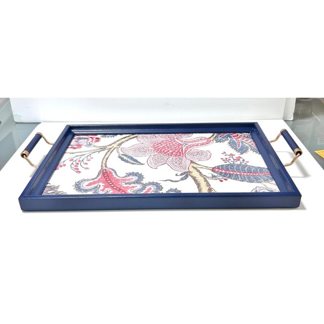 Blue Vintage Blue Lacquer Serving Tray With Brass Handles & Laura Ashley Floral Fabric Liner For Sale - Image 8 of 12
