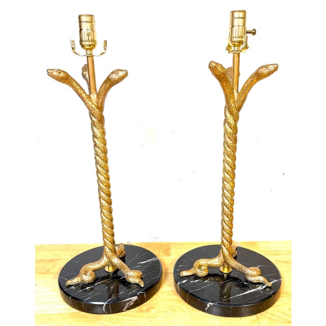 Pair Italian Neoclassical Gilt Metal Three-Serpent Table Lamps, Marble Bases For Sale - Image 11 of 13