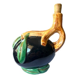 Vintage Italian Majolica Olive Oil Bottle With Cork Stopper – Leaf & Branch Design For Sale