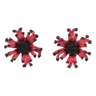 Francoise Montague Paris Red and Black Floral Resin Clip Earrings For Sale