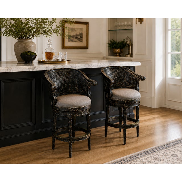 LA traditional and contemporary styles in these stools. Black and gold accents throughout with a durable seat fabric. The...