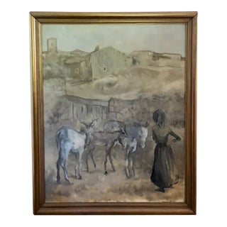 Large Mid Century Spanish Oil on Canvas Painting - Tres Burros, Signed and Dated For Sale
