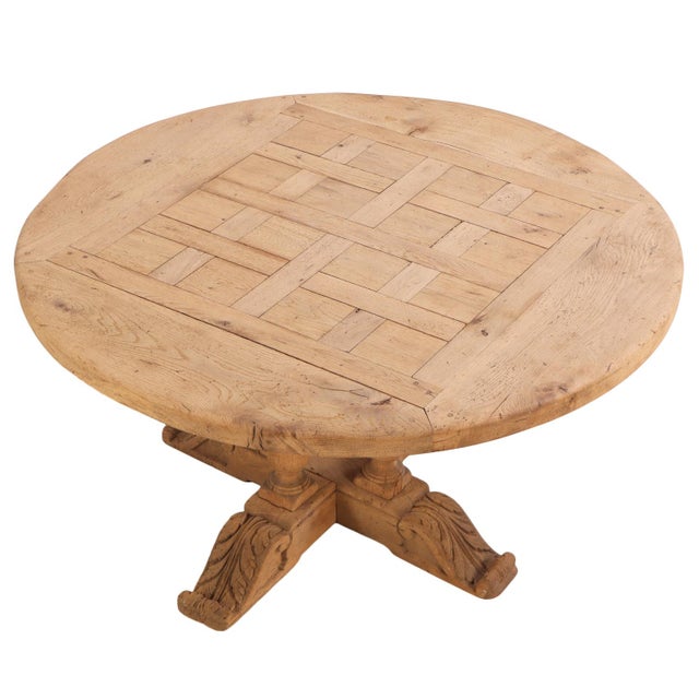 Farmhouse French Round Solid Oak Table With Acanthus Motifs, C. 1940 For Sale - Image 3 of 7