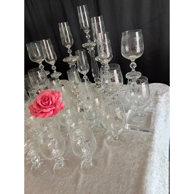1970s Cascade Etched Crystal Stemware • Complete 36‑Piece Service With Jewel‑Cut Sphere Stems For Sale - Image 5 of 11