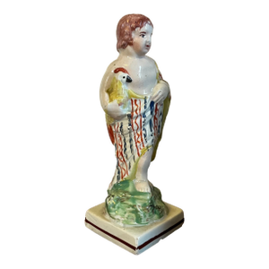Antique 18th Century English George III Staffordshire Pearlware Classical Figure of a Man Wearing a Toga & Holding a Rooster or Chicken