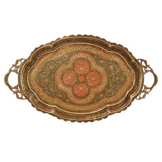 Antique Engraved Enameled 23" Oval Brass Tray For Sale