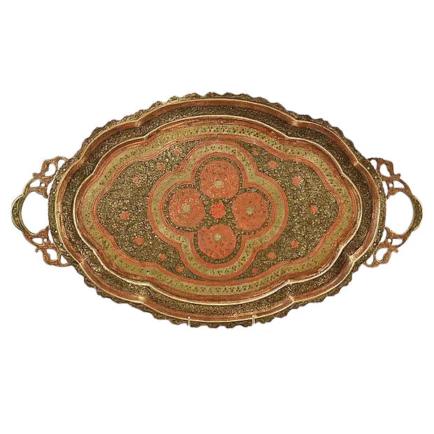 Antique Engraved Enameled 23" Oval Brass Tray For Sale