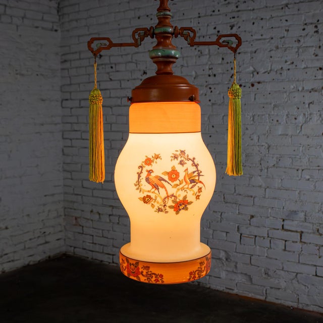 Metal Early 20th Century Chinoiserie to Art Deco to Art Nouveau Pendant Lights Hand Painted Avian a Pair For Sale - Image 7 of 18