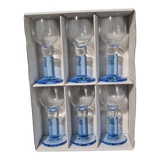 Vintage "Angela'' Cordials Glasses Italian Art Glass Blue Stems w/ box - Set of 6 For Sale