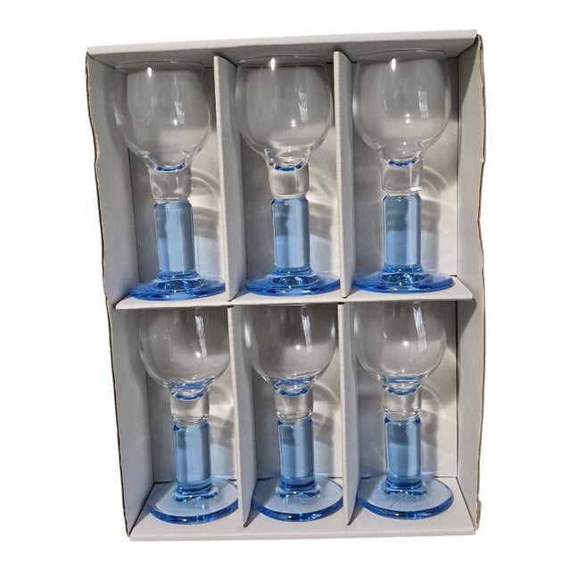 Vintage "Angela'' Cordials Glasses Italian Art Glass Blue Stems w/ box - Set of 6 For Sale