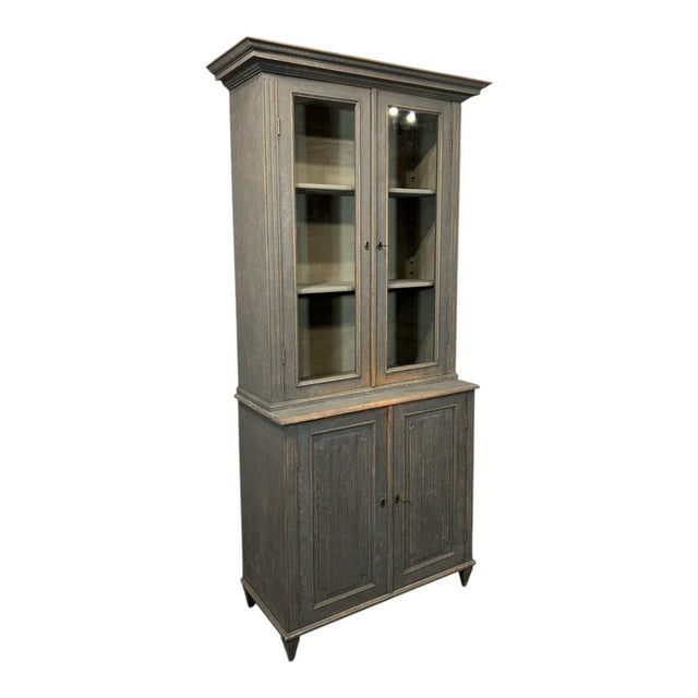 Gustavian (Swedish) Late 19th Century Tall Swedish Display Cabinet in Dark Grey With Beautiful Patina For Sale - Image 3 of 9