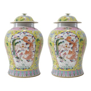 Pair of Chinese Late Qing Dynasty (Guangxu Period) Yellow-Ground Famille Rose “Dragon and Phoenix” General Jars For Sale