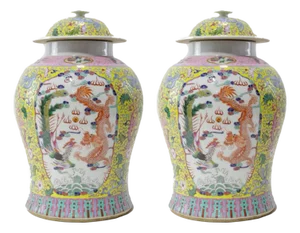 Pair of Chinese Late Qing Dynasty (Guangxu Period) Yellow-Ground Famille Rose “Dragon and Phoenix” General Jars