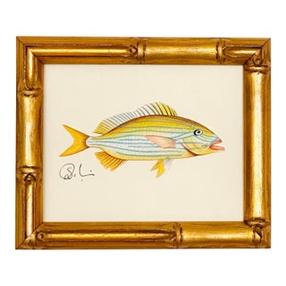 Original Miniature Hand-Painted Fish Painting in Faux Bamboo Frame For Sale