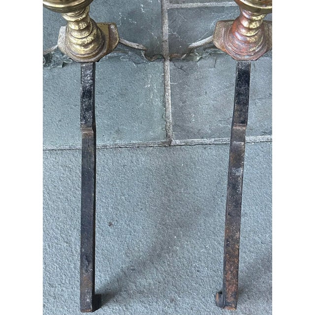 Brass Pair of French Style Brass Andirons With Fleur De Lis For Sale - Image 8 of 11