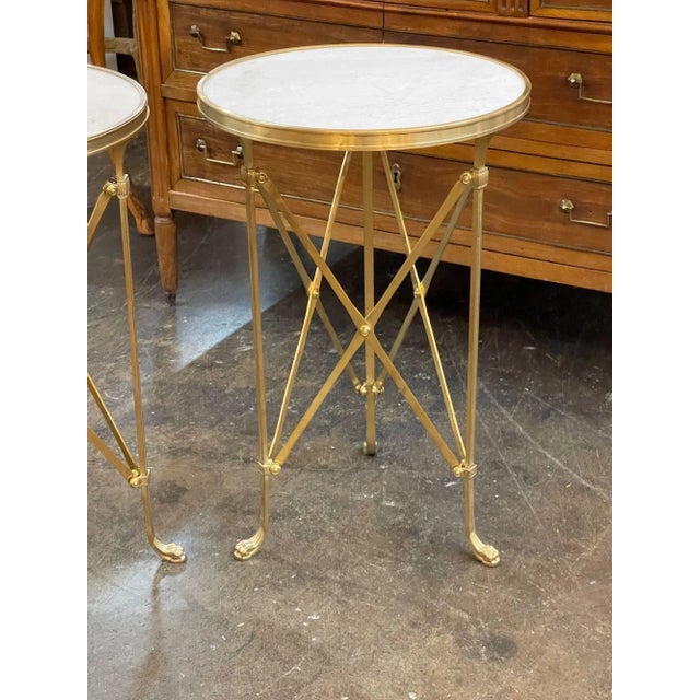 Metal French Directoire Style Gilt Bronze and Marble Side Tables - a Pair For Sale - Image 7 of 8