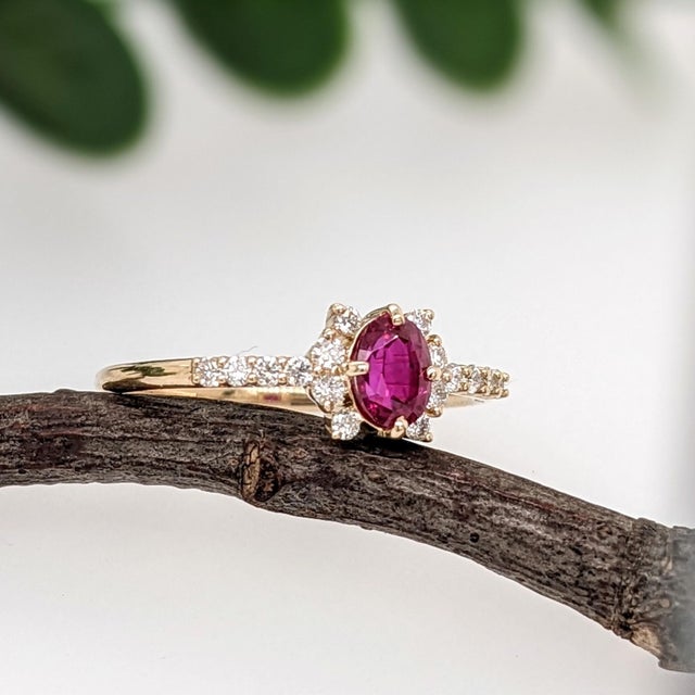 Red Dainty Red Ruby Ring W Earth Mined Diamonds in Solid 14k Gold | Oval 5.3x4mm, Size 6.75 For Sale - Image 8 of 9