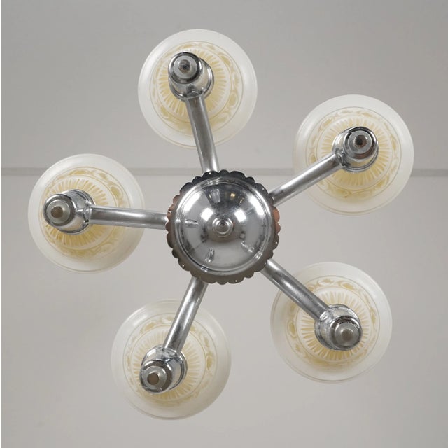 Metal 1930s Traditional 5 Light Nickel Shade Chandelier For Sale - Image 7 of 11